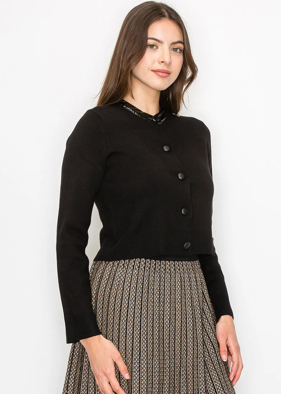 Black Knit Cardigan with Elegant Collar
