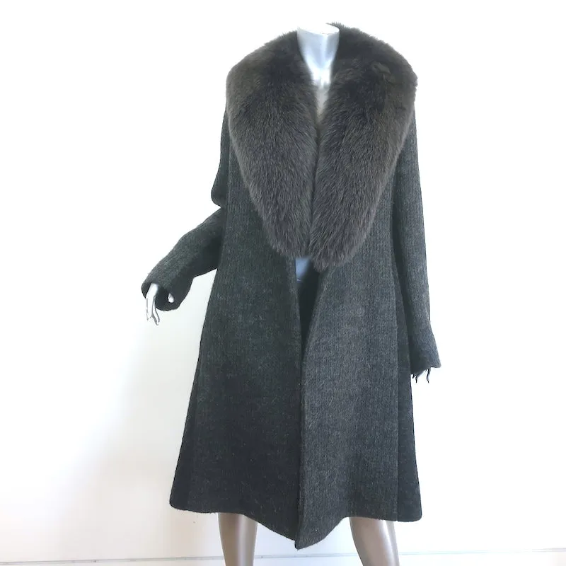 Fleurette Fox Fur Collar Wrap Coat Dark Gray Wool-Blend Size 14